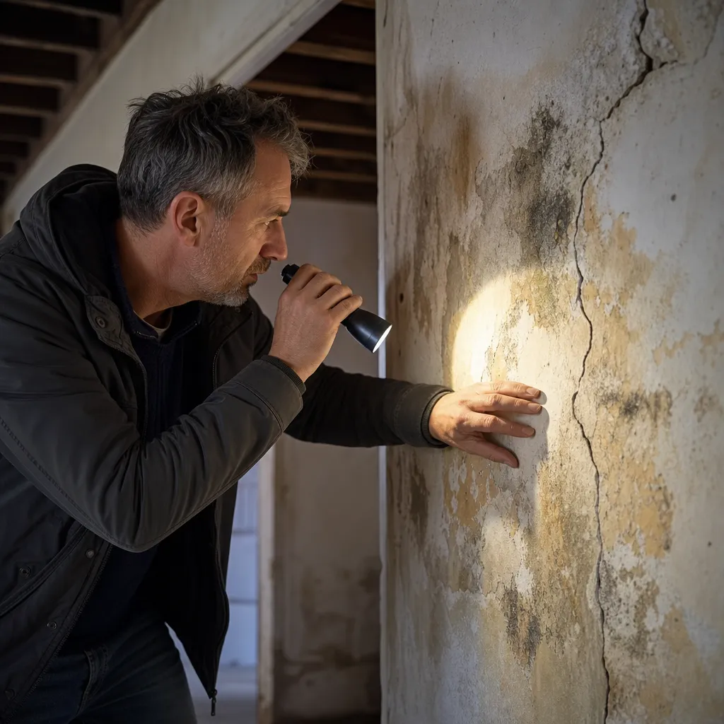 Expert examinant un mur fissure revelant un vice cache en Seine-et-Marne (77)